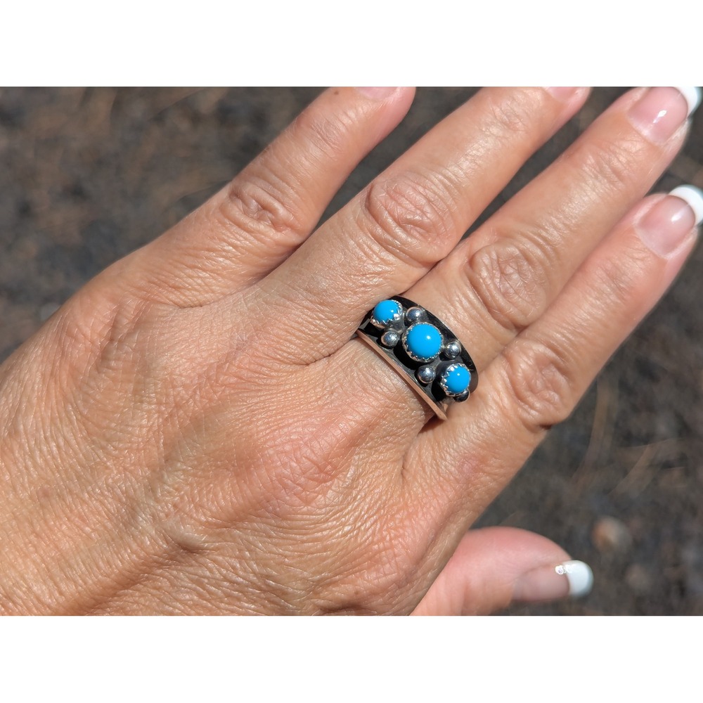 Handmade Navajo Turquoise‎ 3-Stone Band Ring Sterling Silver Jewelry Sz 10.25**